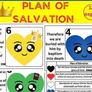 Peut inclure: Un tableau éducatif coloré intitulé "Plan du Salut". Il présente des cœurs de dessins animés, des couronnes et des versets bibliques. Le texte comprend "12 pages" et "Révélation 2:10".