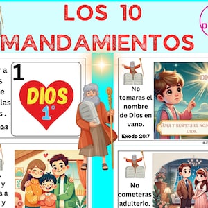 Könnte beinhalten: Ein farbenfrohes Lehrplakat mit dem Text "LOS 10 MANDAMIENTOS" in Rot. Das Plakat enthält Illustrationen und Text auf Spanisch, wobei die Wörter "DIOS" und "Exodo" sichtbar sind. Das Plakat hat 25 Seiten.