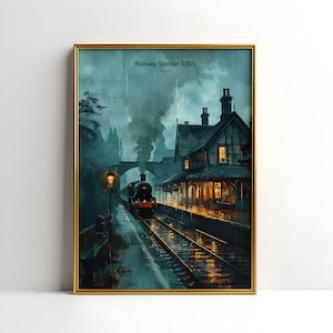 Cartel histórico de la estación de tren de Inglaterra, nostalgia de viaje, arte de la pared de la estación de tren, impresión del tren de vapor, tren con motor de vapor, descarga imprimible