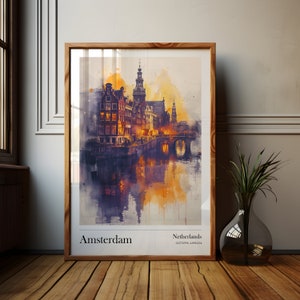 Poster di Amsterdam Viaggio nei Paesi Bassi, Ricordi di vacanza di Amsterdam, Stampa per cartoline, Download istantaneo, Regalo di inaugurazione della casa