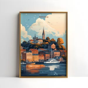 Gothenburg Poster Scandinavian City Illustration with Harbor & Old Town, Sweden Wall Art, Digital Art Print, Nordic Architecture Art