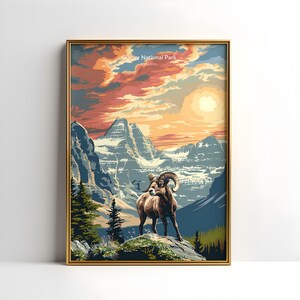 Cartel del Parque Nacional Glaciar, Impresión de arte de montaña vintage, Decoración de la pared de la naturaleza, Cartel de viaje, Decoración rústica del hogar, Regalo para los amantes de la naturaleza