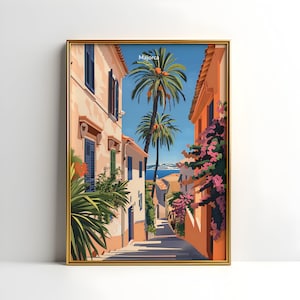 Mallorca Poster Spanien, mediterrane Straße mit Meerblick, mediterranes Mallorca Wandkunst, Balearen Kunstdruck, Mallorca Travelposter