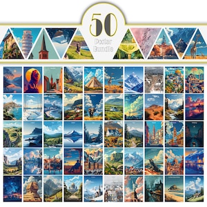 50 Reiseposter Bundle Stadtdrucke, Retro Reiseposter, digitaler Download Wandkunst, Vintage Reiseposter