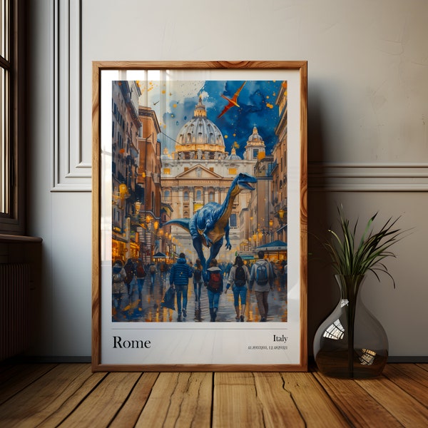 Rome poster of a street in the Italian capital, Modern art in Rome, Dinosaur poster, Digital download