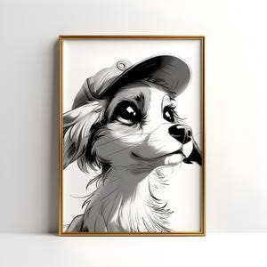 Cute Dog in Baseball Cap Art Print – Black and White Cartoon Pup Illustration, Whimsical Animal Wall Decor, Modern Pet Portrait Poster