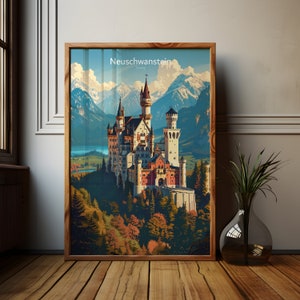 Neuschwanstein poster of a fairytale castle, Germany poster, fairytale castle wall art, travel poster, Bavaria poster