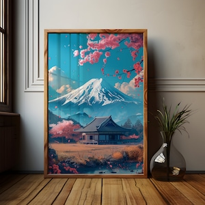 Fujiyama Poster, Japanese Cherry Blossom, Japanese Art, Far Eastern Art, Wall Decor Japan, Digital Download