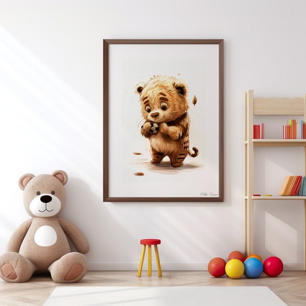Children's room poster of a little cute tiger with a football in his hand, poster for children, football poster, children's room decoration