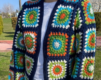 Granny Square Crochet Cardigan,Handmade Afghan Cardigan,Knitted Patchwork Coat,Mothers Day Gifts.