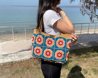 Vintage Style Granny Square Crochet Bag,Colorful Patchwork Shoulder Tote Bag,Gift For Mothers Day.