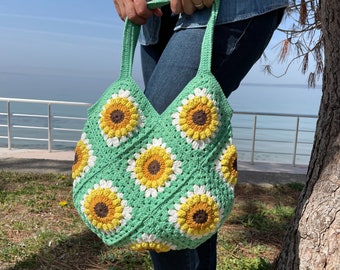 Crochet Sunflower Bag,Flower Tote Bag,Handmade Summer Bag,Green Floral Knit Bag.