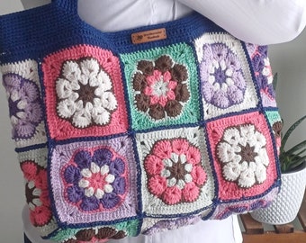 Unique Handmade Granny Square Crochet Bag,Colorful Patchwork Tote.