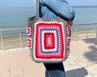 Granny Square Tote Bag.Crochet Big Size Boho Bag,Crochet Purse,Mothers Day Gifts.
