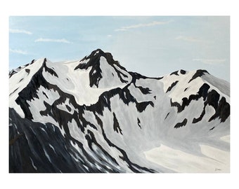 Peinture acrylique auto-peinte. Montagne enneigée