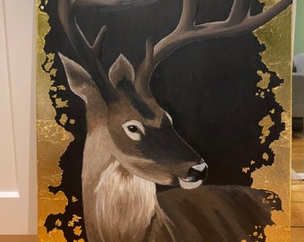 Peinture acrylique auto-peinte. Cerf à la feuille d'or.