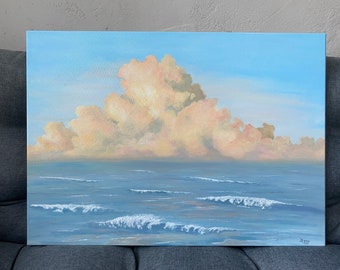 Peinture acrylique auto-peinte. Mer avec nuages.