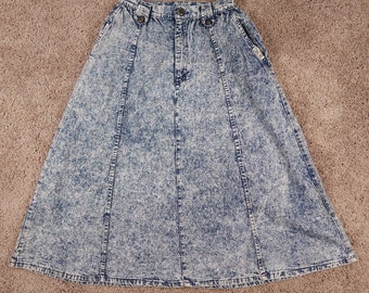 Vtg Cherokee Denim Skirt 10 Acid Wash Blue Pockets USA Made Ankle Long Flare
