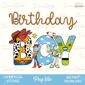 May include: A digital graphic design featuring the text Birthday Boy. The word Birthday is written in a brown rope font. The letter B is styled like a cowboy shirt with a hat, the O is blue with clouds, and the Y is a space ranger suit.