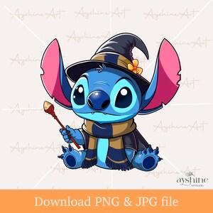 May include: A blue Stitch character dressed as a witch with a pointed hat, a brown and gold scarf, and a wand in its hand. The character is sitting on a white background.