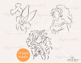 Pacchetto Principessa contorni png, 14 principesse png, principessa contorni png, principessa compleanno png, principessa Cricut, sagoma Png
