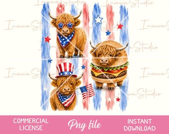 Striped Patriotic Highland Cow PNG, 4th Of July Cow Sublimation, Retro USA Cow Shirt Design