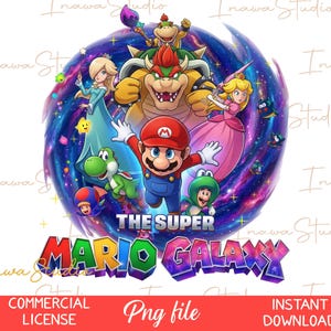 Könnte beinhalten: Eine digitale Grafik mit Mario, Prinzessin Peach, Rosalina, Bowser, Bowser Jr., Yoshi und einer Toad-Figur vor einem wirbelnden violetten und blauen Galaxie-Hintergrund. Der Text lautet THE SUPER MARIO GALAXY in fetten, bunten Buchstaben.