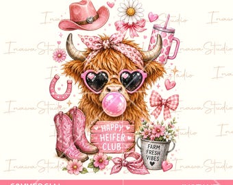 Happy Heifer Club PNG, Highland Cow Coquette png, Pink Cowgirl Western PNG, Cute Farm Girl PNG, Bubble Gum Cow Design, Country Western
