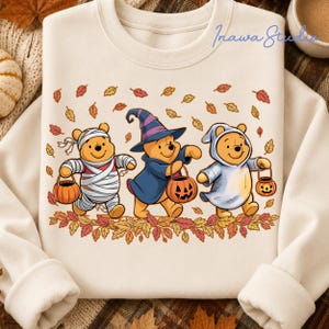 Winnie l'ourson Halloween PNG, lot de déguisement ourson des bonbons ou un sort, momie sorcière fantôme ourson ours, conception de chemise automne Disney mignon