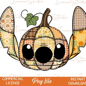 Puede incluir: Una ilustración digital de una cabeza de personaje con forma de calabaza, que presenta un diseño de patchwork con varios patrones de temática otoñal, incluyendo cuadros, vichy y estampados florales en tonos naranja, marrón, amarillo y crema.
