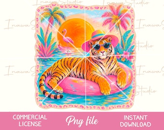 Preppy Summer PNG Viral summer PNG girly Beach tee Retro Tiger Shirt Neon Color, Summer Colorful Vibes png Sublimation