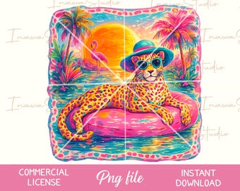 Preppy Summer PNG Viral summer PNG girly Beach tee Retro Leopard Shirt Neon Color, Summer Colorful Vibes png Sublimation