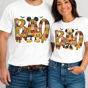 Pacchetto PNG di coppia di topolini di Halloween, Topolino e Minnie in patchwork, magliette di Halloween abbinate, 2 download digitali PNG