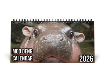 Funny Moo Deng 2026 Desktop Calendar, Fun Baby Pygmy Hippo Desk Planner, Christmas Secret Santa Xmas White Elephant Gift for Animal Lover