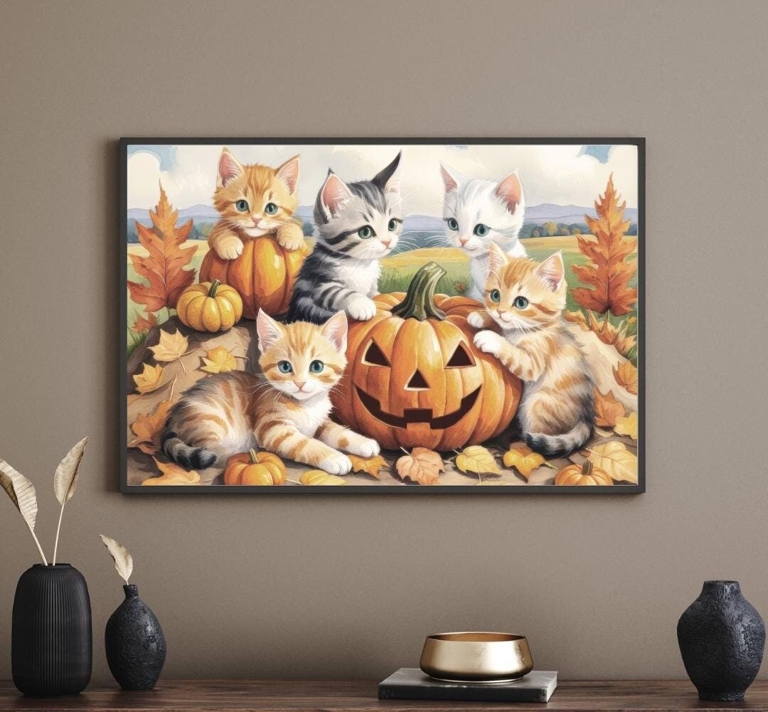 Vintage Cat Halloween Poster, Retro Cat Pumpkin Wall Art, Cute Kitten ...