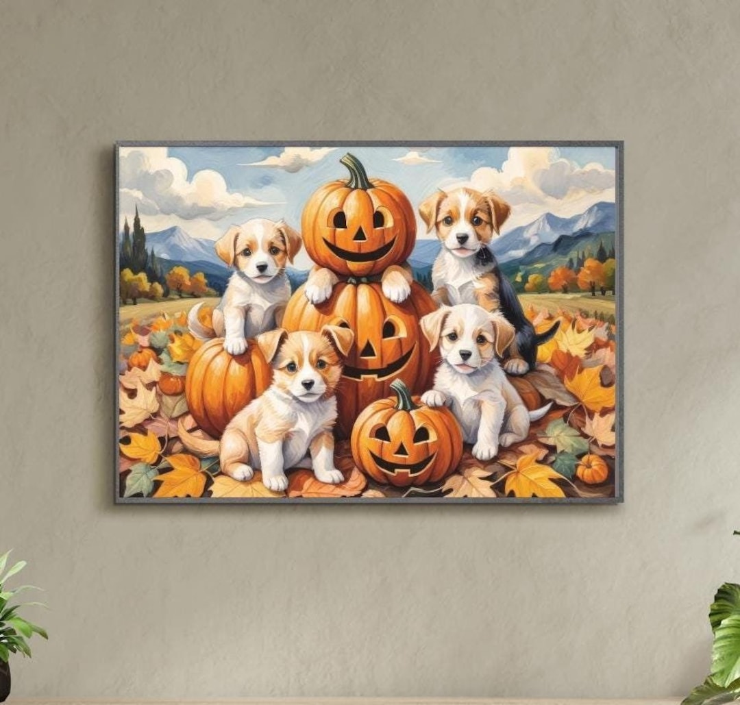 Vintage Dog Halloween Poster, Retro Dog Pumpkin Wall Art, Cute Puppy ...