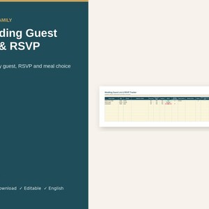 Könnte beinhalten: Eine digitale Tabellenkalkulationsvorlage für Hochzeitsgästelisten und RSVP-Tracking in Excel. Das Dokument enthält Spalten für Gästenamen, Kontaktdaten, RSVP-Status und Menüwahlen sowie eine Zusammenfassungstabelle auf der rechten Seite.