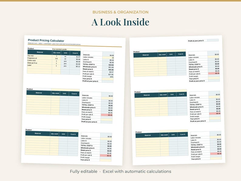 Price Pack Layout Pricing Calculator Spreadsheet | Handmade Product Pricing Excel | Cost ...