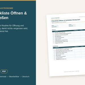 May include: A digital document template titled Checkliste Öffnen & Schließen Restaurant, featuring a table with columns for opening and closing tasks, including checkboxes, date, and signature fields, presented on a dark teal and cream background.
