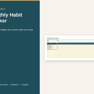 Könnte beinhalten: Eine digitale Monthly Habit Tracker Tabellenvorlage für Excel. Das Layout zeigt eine dunkel-petrolfarbene Seitenleiste mit dem Text Home & Family, Monthly Habit Tracker und Build good habits one check mark at a time sowie ein Excel-Symbol.