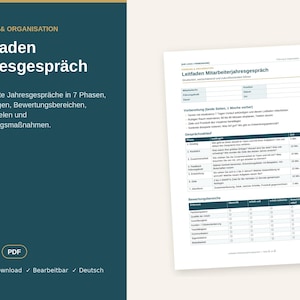Può includere: Un documento intitolato Leitfaden Mitarbeiterjahresgespräch che presenta una guida strutturata per le revisioni annuali in 7 fasi. La pagina include sezioni per la preparazione, un programma di conversazione con tempistiche e criteri di valutazione.
