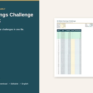 Könnte beinhalten: Eine digitale 52-Wochen-Spar-Challenge-Tabellenvorlage mit einer dunkel-türkisfarbenen Seitenleiste mit dem Text Home & Family, Savings Challenge Pack und Excel. Das weiße Dokument zeigt eine strukturierte Tabelle mit Spalten für Woche, Datum, Einzahlung und Summe.