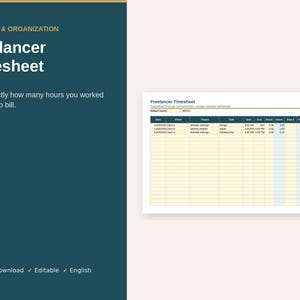 Könnte beinhalten: Eine digitale Freelancer-Stundenzettel-Vorlage für Excel mit einer dunkel-türkisfarbenen Seitenleiste und weißem Text, der Business & Organization, Freelancer Timesheet und Excel anzeigt. Die Tabelle enthält Spalten für Datum, Kunde, Projekt, Aufgabe und Stunden.