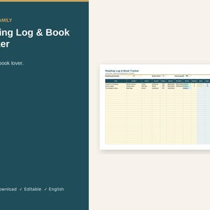 Könnte beinhalten: Eine digitale Reading Log & Book Tracker Tabellenvorlage mit Spalten für Titel, Autor, Genre, Format, Seiten, Datum, Status, Bewertung und Notizen. Die Benutzeroberfläche enthält die Überschrift Reading Log & Book Tracker.