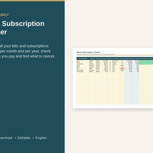 Könnte beinhalten: Eine digitale Tabellenvorlage zur Nachverfolgung von Rechnungen und Abonnements mit Spalten für Namen, Kategorien, Häufigkeit, Beträge, Fälligkeitsdaten, Zahlungsmethoden, Kündigungsstatus sowie monatliche oder jährliche Gesamtkosten.