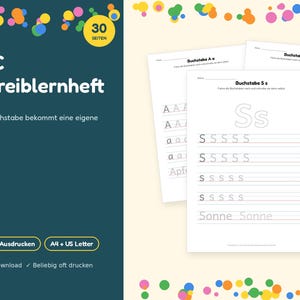 以下が含まれることがあります： 30ページの文字練習用ABC手書きワークブック。表紙にはABC Schreiblernheftと記載されており、中面にはA、M、Sなどの文字をなぞる練習線とSonneという単語が印刷されています。