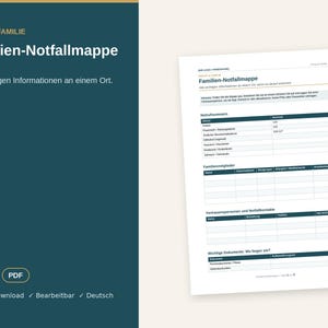 Może przedstawiać: Cyfrowy szablon folderu awaryjnego dla rodziny zatytułowany Familien-Notfallmappe, zawierający sekcje na numery alarmowe, dane członków rodziny, kontakty oraz lokalizacje ważnych dokumentów w przejrzystym układzie.