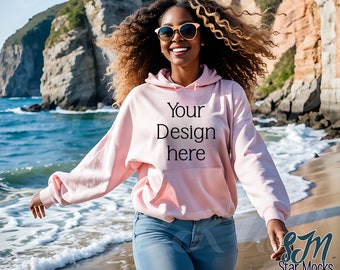 Gildan Beach Hoodie Mockup | Light Pink 18500 Hooded Sweatshirt Black Woman Model | Outdoor Aesthetic | Tropical Summer Vibes | Front