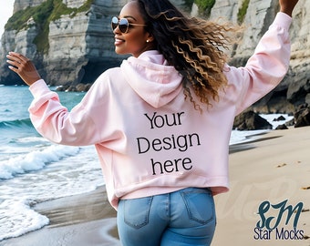 Gildan Beach Hoodie Mockup | Light Pink 18500 Hooded Sweatshirt Black Woman Model | Outdoor Aesthetic | Tropical Summer Vibes | Back