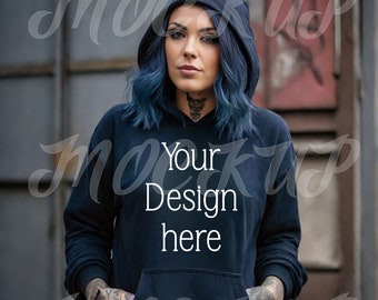 Maqueta de sudadera con capucha grunge / Estilo callejero gótico alternativo / Foto de producto de suéter con capucha Gildan 18500 azul marino / Mujer punk tatuada / Maqueta vanguardista